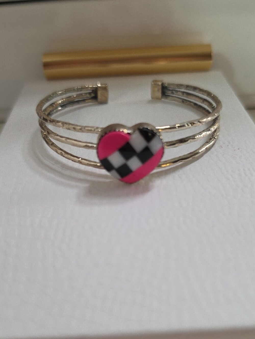 Pink and Black Checkered Heart 925 Cuff Bracelet